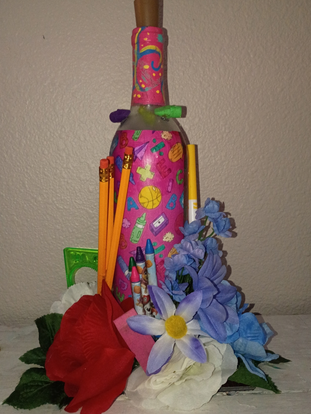 Bright Minds Pink School-Themed Decorative Bottle Light with Floral Accents